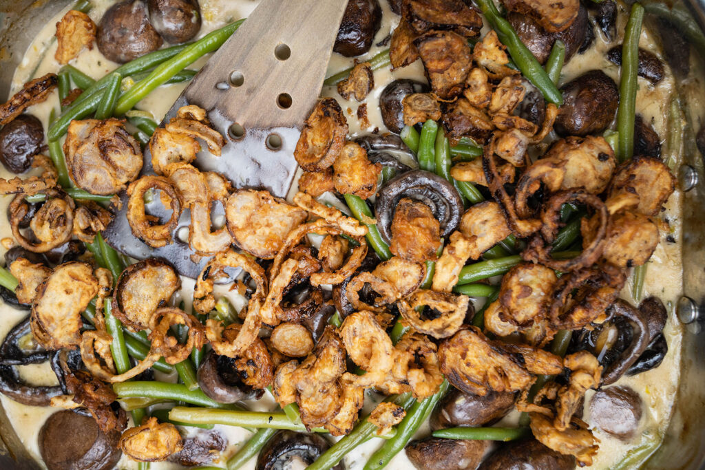 green bean and mushroom casserole final prep