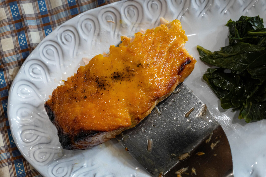 air fried salmon on a white plate