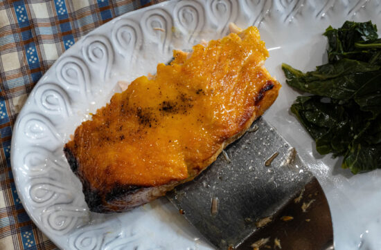 air fried salmon on a white plate