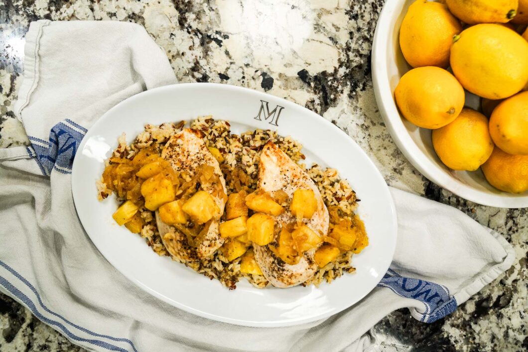 Grilled Chicken with Pineapple and Wild Rice in serving dish