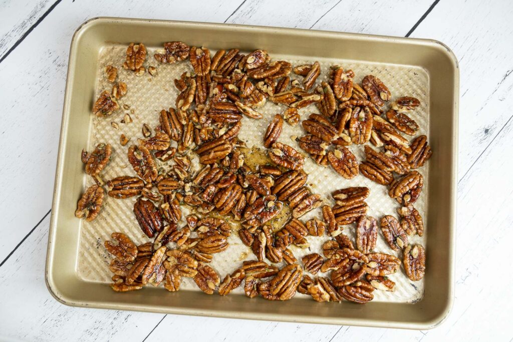 a pan of roasted pecans