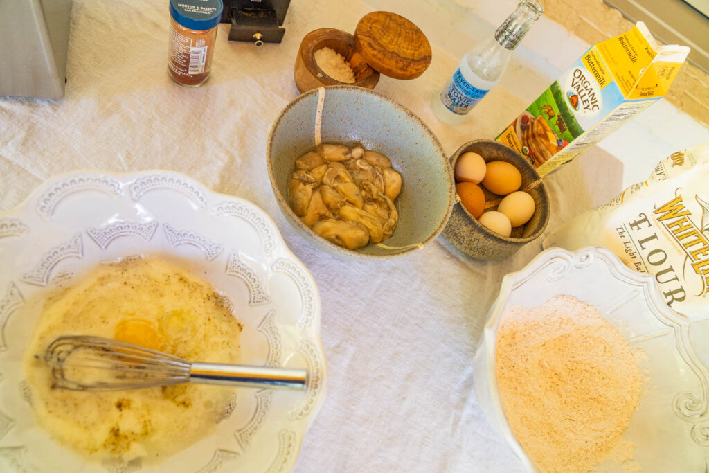 egg wash and prep for making fried oysters