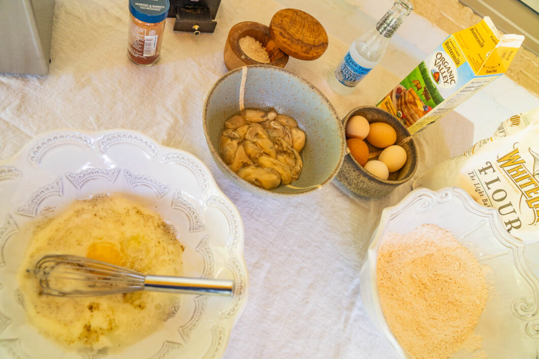 egg wash and prep for making fried oysters